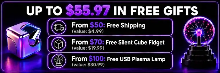 Promotional banner showcasing free gifts including a silent cube fidget, USB plasma lamp, and a gift box, with discount details and free shipping offers.