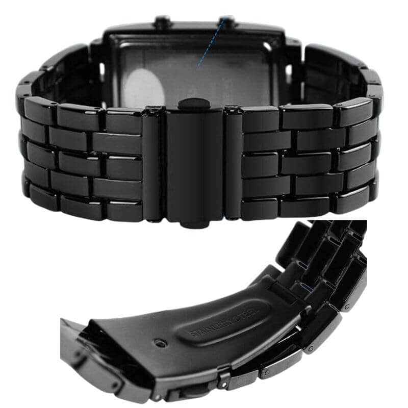 Modern black smartwatch with metal band and digital screen, showcasing a sleek design suitable for tech enthusiasts and fashion-conscious users.