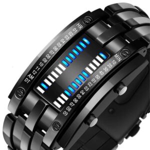 Close-up of a futuristic digital binary LED watch displaying time with blue and white lights on a black band.