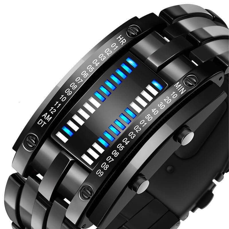 Close-up of a futuristic digital binary LED watch displaying time with blue and white lights on a black band.