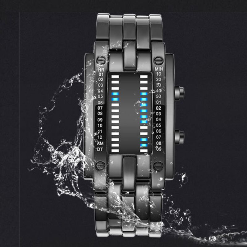 Modern waterproof digital watch with sleek black design, water splash effect, and adjustable strap, ideal for sports and everyday wear.
