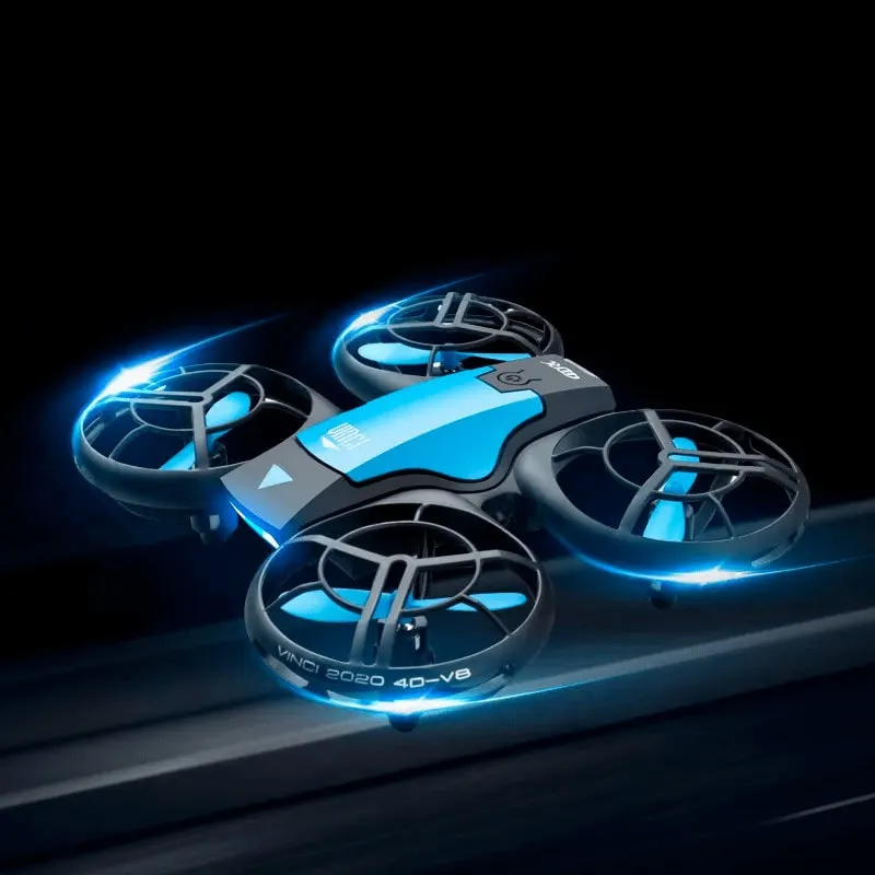 Small blue and black quadcopter drone with LED lights, designed for kids and beginners, showcasing a compact and modern design.