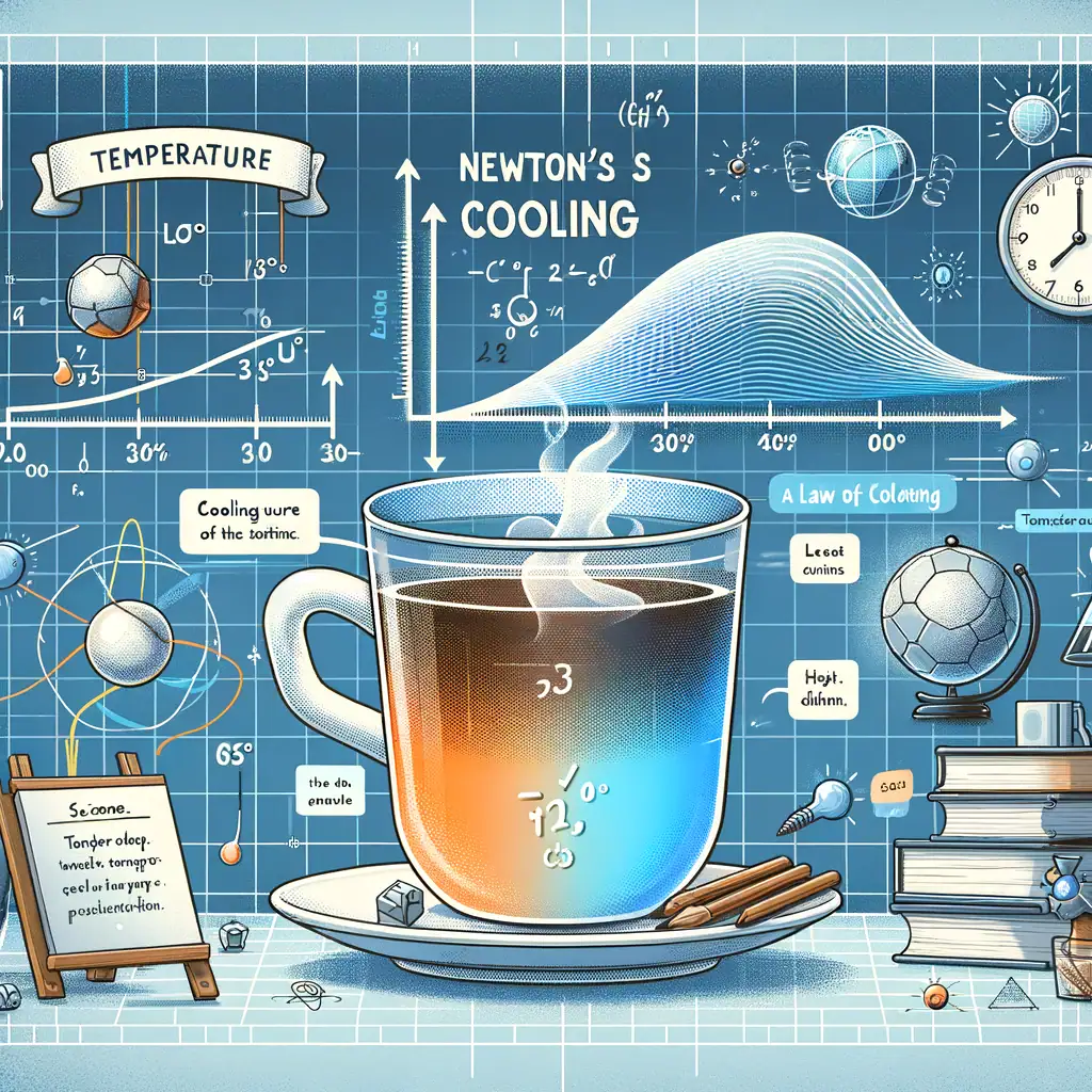A coffee mug featuring detailed scientific diagrams, including temperature graphs, Newton's cooling law, and molecular models, perfect for science enthusiasts and educational settings.