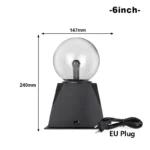 Lampe plasma tactile de 25 cm avec base noire et boule en verre, contrôlable par toucher, idéale pour décoration scientifique et ambiance moderne.