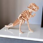Wooden T-Rex dinosaur puzzle model, educational toy for kids and adults, perfect for science decor and STEM learning.