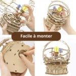 Intricate wooden mechanical globe model kit, easy to assemble, educational science decor for home or classroom.