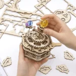 Wooden mechanical gear puzzle with colorful knobs, perfect for educational STEM activities and science decor. Engages children and adults in hands-on learning and mechanical engineering.