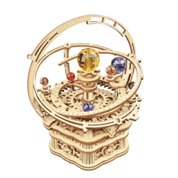 Wooden mechanical planetarium model with colorful planets and gears, ideal for science decor and educational toys.