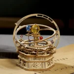 Detailed wooden mechanical planetarium model showcasing planets and celestial orbits, perfect for educational science decor and STEM learning.