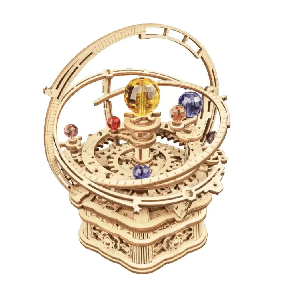 Wooden mechanical planetarium model with colorful planets and gears, ideal for science decor and educational toys.