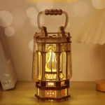 Antique wooden lantern with detailed craftsmanship and soft illumination, perfect for decorative or educational purposes.