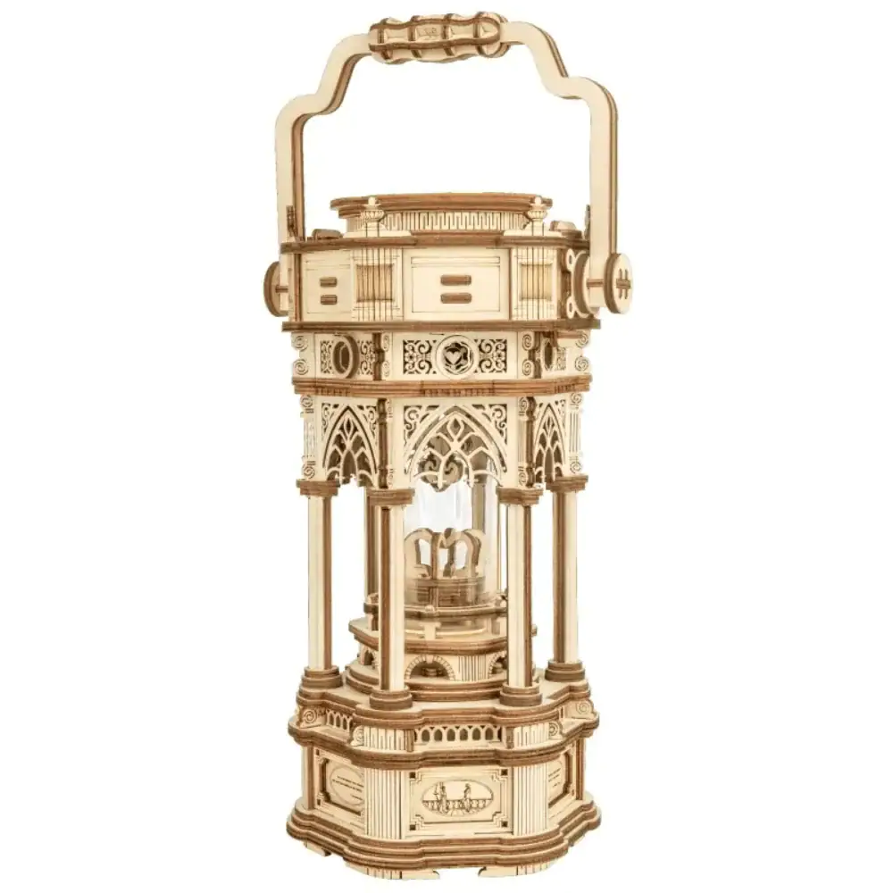 Detailed wooden architectural model of a historic building with intricate design elements.