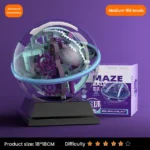 Interactive 3D maze ball puzzle with moving gears inside, designed to challenge and entertain users of all ages. Features a transparent sphere showcasing intricate mechanical parts and a sturdy black.