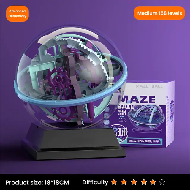Interactive 3D maze ball puzzle with moving gears inside, designed to challenge and entertain users of all ages. Features a transparent sphere showcasing intricate mechanical parts and a sturdy black.