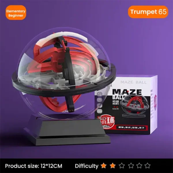 A spherical maze puzzle toy designed for children to develop problem-solving skills and hand-eye coordination. Features a transparent globe with a maze track and a small ball inside.
