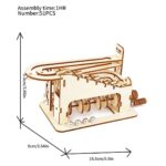 Wooden marble run puzzle for educational and STEM activities, featuring a complex track with multiple pathways and a mechanical lever system.