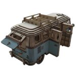 Detailed wooden model of a vintage camper van, perfect for educational and decorative purposes.