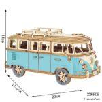 Detailed wooden camper van toy with blue and natural wood finish, featuring realistic wheels, windows, and roof rack, ideal for educational play and decor.