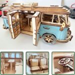 Detailed vintage wooden bus model featuring realistic design, windows, and interior details, perfect for educational play, decor, or as a collectible item.