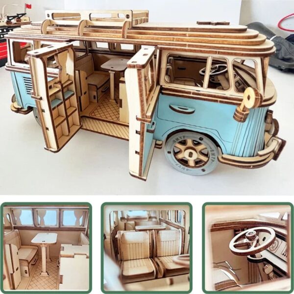 Detailed vintage wooden bus model featuring realistic design, windows, and interior details, perfect for educational play, decor, or as a collectible item.