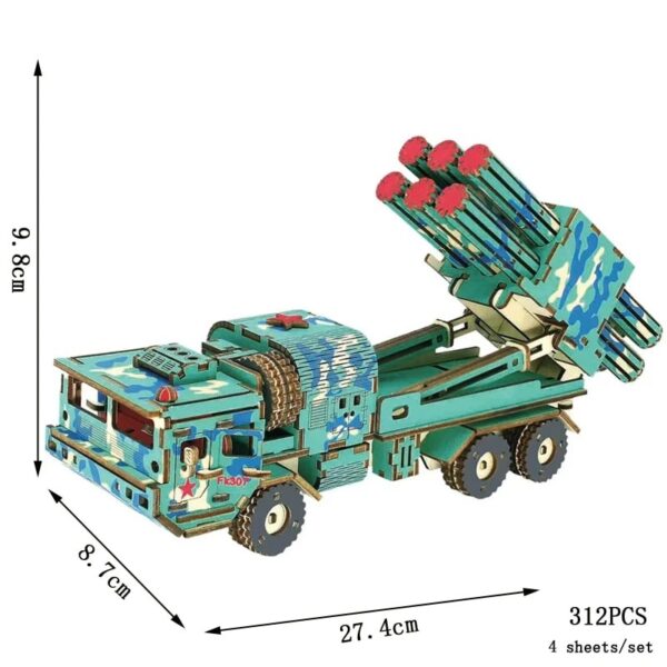 Detailed 3D puzzle of a military rocket launcher with missile tubes.