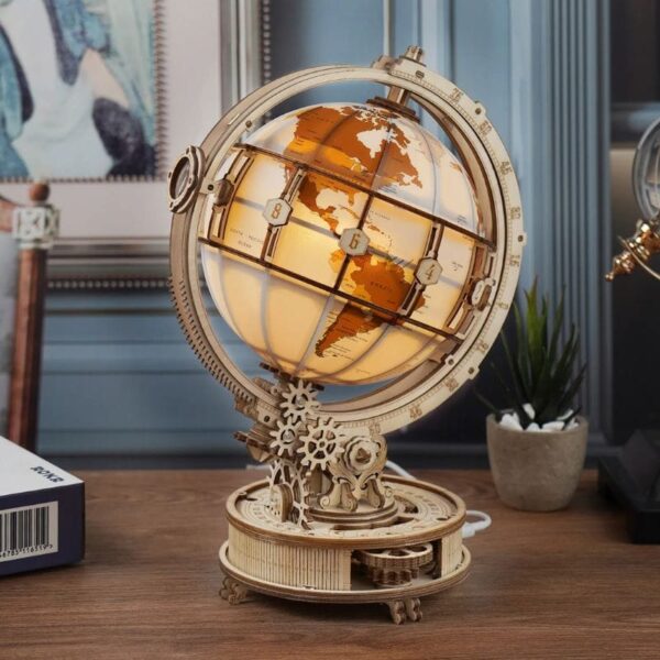 Intricate wooden globe clock with gears, showcasing a steampunk-inspired design for science enthusiasts and educational decor.