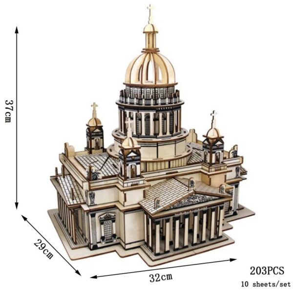 A detailed wooden model of a historic cathedral featuring a large central dome, smaller surrounding towers, and ornate architectural elements, perfect for educational and decorative purposes.