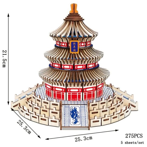 Detailed wooden model of a traditional Chinese pagoda with multiple tiers, intricate railings, and decorative elements, measuring approximately 21.5 cm in height.