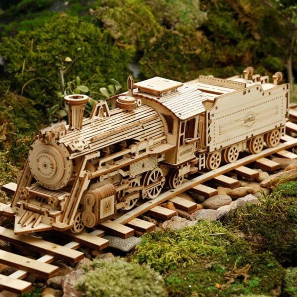 Detailed wooden train model on miniature railway track, perfect for educational play and decorative display, showcasing craftsmanship and intricate design.