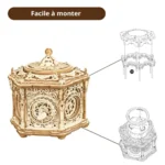 Wooden mechanical music box featuring intricate gears and decorative carvings, easy to assemble, perfect for educational and decorative purposes.