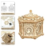 Intricate wooden mechanical clock kit with detailed gears and decorative elements, perfect for science enthusiasts and educational projects.
