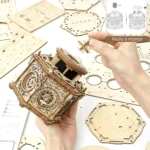 Wooden mechanical clock kit for DIY assembly, educational science toy, intricate laser-cut wooden parts, perfect for science enthusiasts and learners.