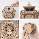 Wooden mechanical music box featuring a ballerina figurine and intricate carvings.