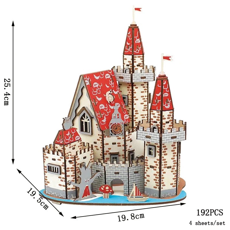 Castle Wooden Puzzle Toy for Kids - Educational & Fun Wooden castle puzzle toy for children, featuring a detailed medieval castle design with towers, flags, and a moat, perfect for educational play and imaginative storytelling.