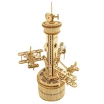Detailed wooden mechanical airplane model with moving parts, gears, and propellers, perfect for educational and decorative purposes.