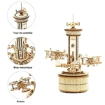 Detailed wooden airplane and control tower model for educational purposes and decorative display. Perfect for science enthusiasts and STEM projects.