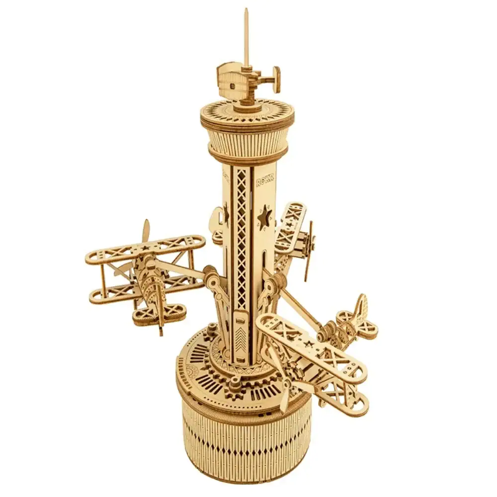 Detailed wooden mechanical airplane model with moving parts, gears, and propellers, perfect for educational and decorative purposes.