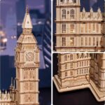 Detailed wooden model of Big Ben clock tower in London, showcasing intricate craftsmanship and architectural features.