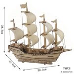 Wooden sailboat model with detailed sails and hull, perfect for educational purposes and home decor. Crafted from natural wood, it offers a charming nautical aesthetic.