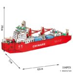Detailed wooden model of a cargo ship with cranes and containers, perfect for educational and decorative purposes.