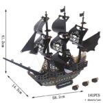 Detailed black pirate ship model with sails, cannons, and skull decorations, measuring 41.2cm high and 58.2cm long, perfect for educational play and decor.