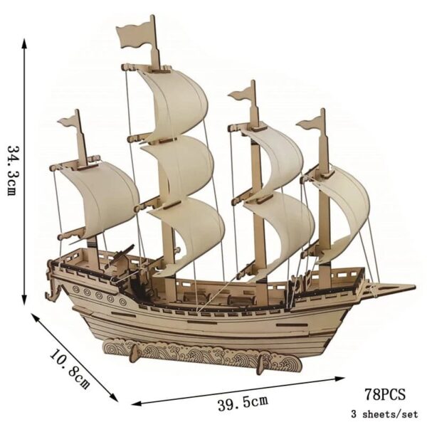 Wooden sailboat model with detailed sails and hull, perfect for educational purposes and home decor. Crafted from natural wood, it offers a charming nautical aesthetic.