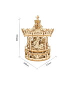 Detailed wooden carousel model measuring 300mm in height, 140mm diameter, and 115mm width, ideal for educational displays, science decor, and toy collections.