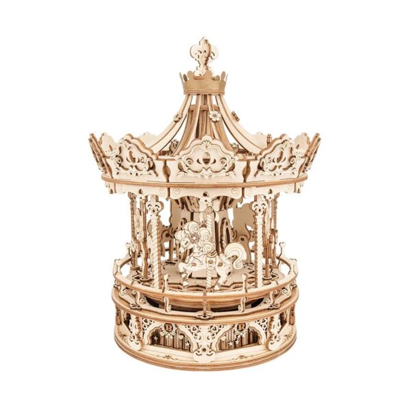 Wooden carousel model for educational and decorative purposes, showcasing intricate craftsmanship and detailed design. Perfect for science and art enthusiasts.