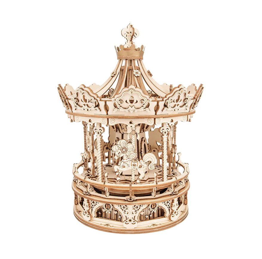 Wooden carousel model for educational and decorative purposes, showcasing intricate craftsmanship and detailed design. Perfect for science and art enthusiasts.