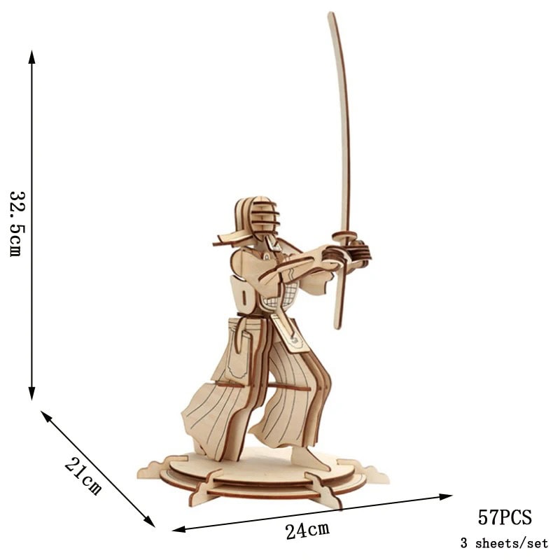 Wooden Samurai Warrior Puzzle Figure Wooden samurai warrior puzzle figure with detailed armor, holding a katana, standing on a circular base, measuring 32.5 cm tall, 24 cm wide, and 21 cm deep.