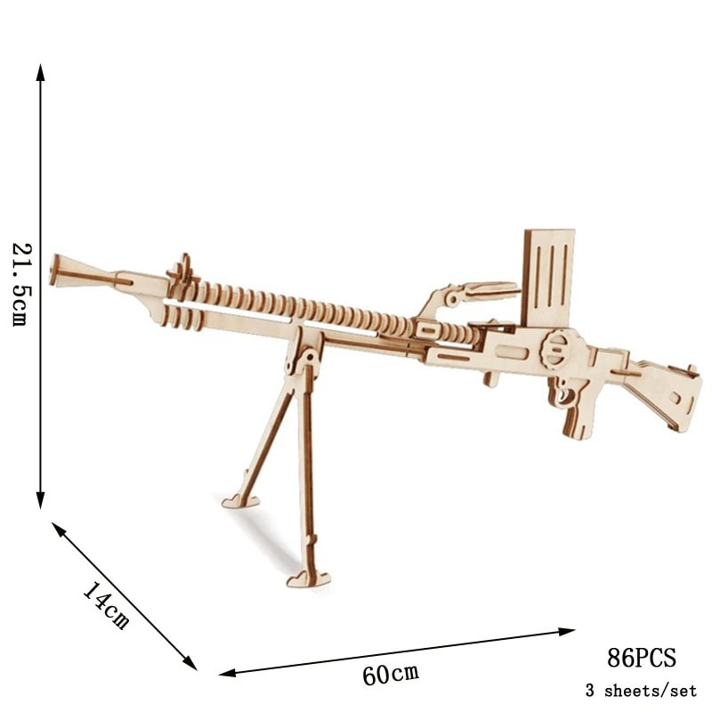 Wooden Sniper Rifle Model for Educational and Decorative Use Detailed wooden sniper rifle model measuring 60cm in length, 21.5cm in height, and 14cm in width, ideal for science decor and educational toys.