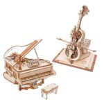 Detailed wooden mechanical model of a grand piano and a violin, showcasing intricate gears and moving parts. Perfect for educational purposes and decorative display.