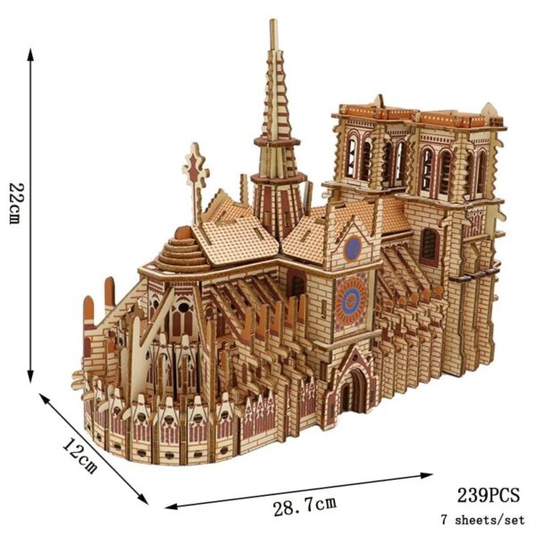 Intricate wooden puzzle model of a castle with detailed towers, walls, and architectural features, perfect for educational and decorative purposes.
