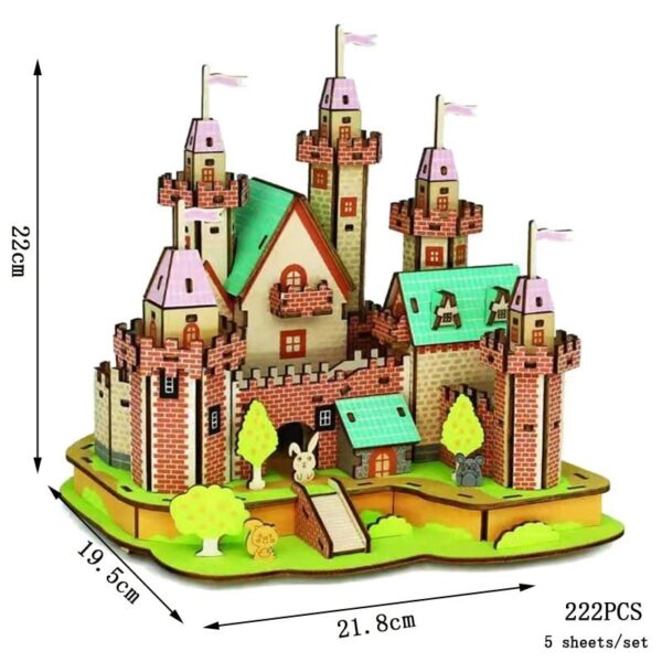 A detailed image of a castle-themed building toy set with 222 pieces, including towers, walls, trees, and animal figures, designed for educational and creative play.